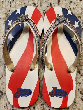 Justin Boots Women's Patriotic Rhinestone Flip Flop Sandals Size 8